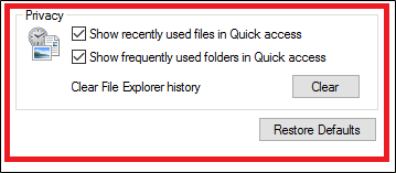 Параметры конфиденциальности истории Проводника