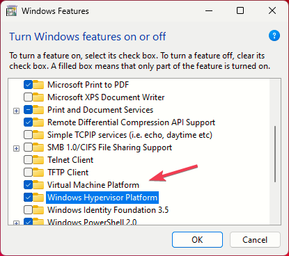 Выбор Virtual Machine Platform в компонентах Windows