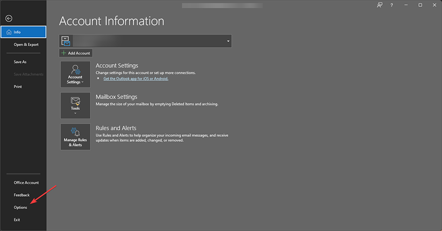 Пункт «Файл» и меню «Параметры» в Outlook для Windows