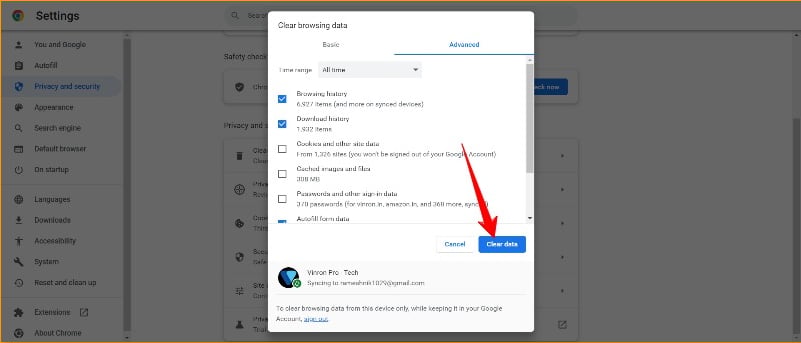 Окно очистки данных для сайта в Chrome на рабочем столе