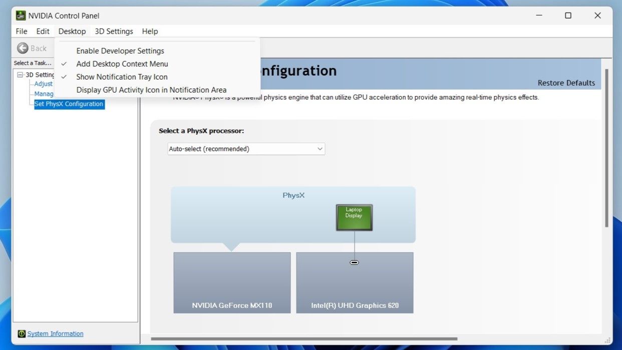 Окно NVIDIA Control Panel