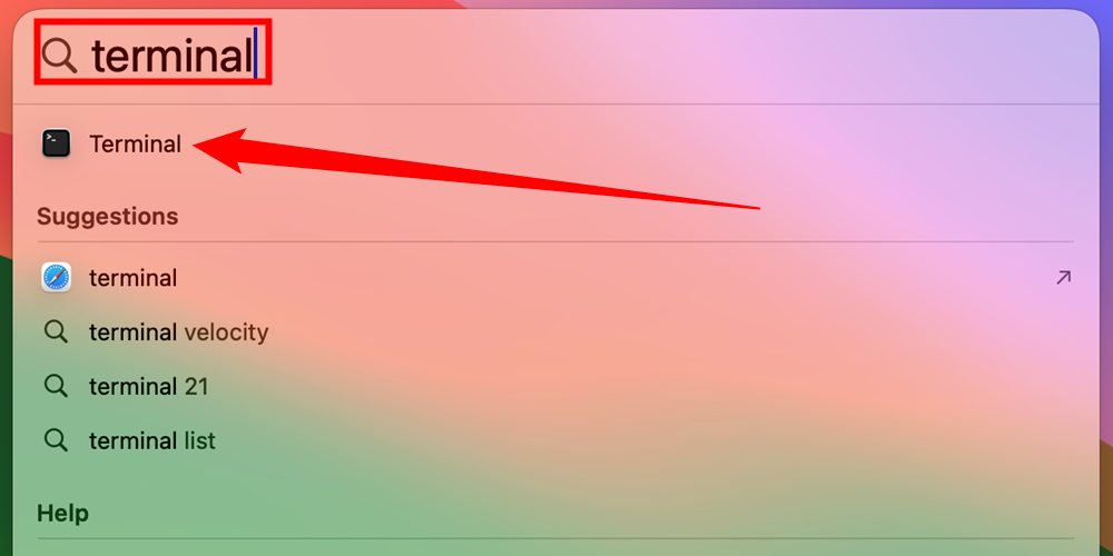 Окно Spotlight с поиском по запросу 'terminal'. 