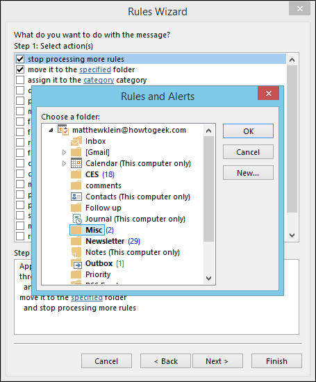 Снимок экрана: выбор папки для перемещения писем правилом