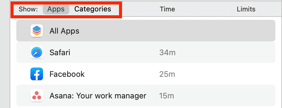 App and Category View in Screen Time
