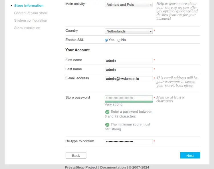Информация о магазине и учётной записи администратора