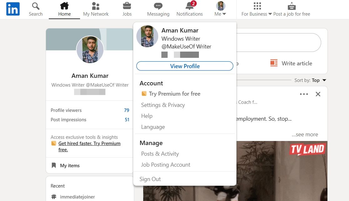 Опция Settings & Privacy в LinkedIn