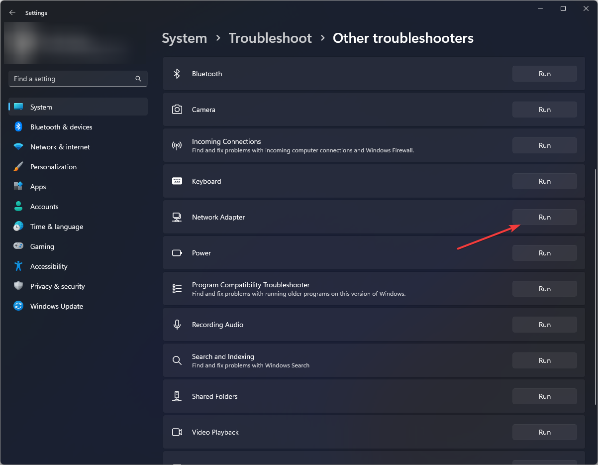 Запуск средства устранения неполадок сетевого адаптера