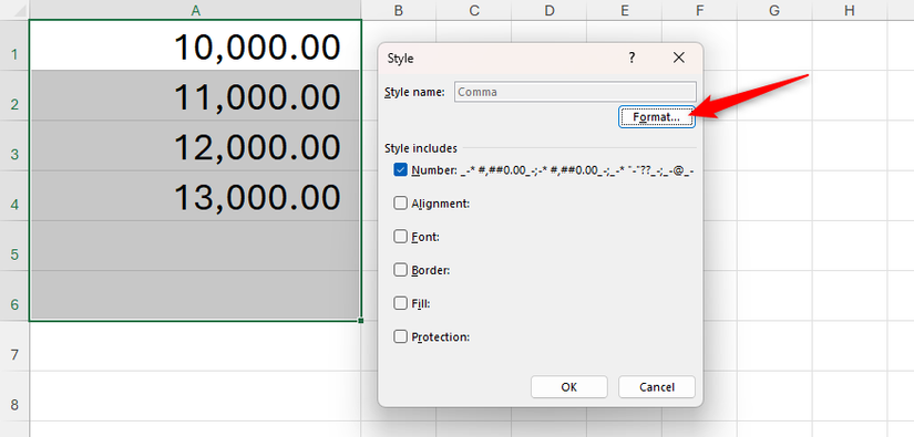 Opção Formatar selecionada na caixa de diálogo Estilo do Excel.