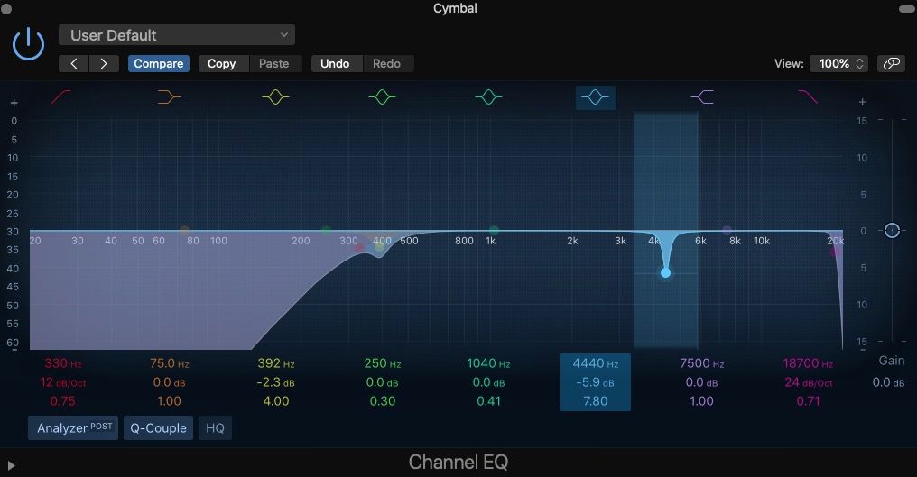 Вырез режущей частоты у тарелки в Logic Pro Channel EQ