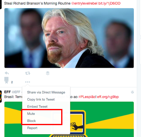 Опции меню твита: скрыть и заблокировать