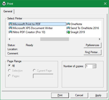 Пример диалога печати в PDF в Windows