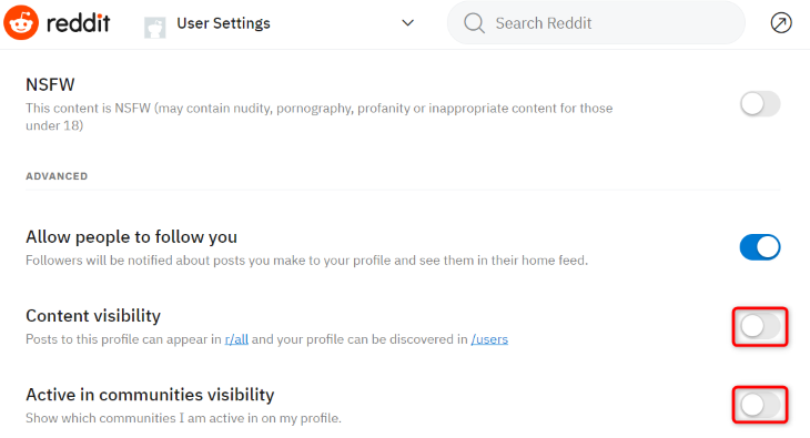 Отключение параметров видимости контента на странице профиля.