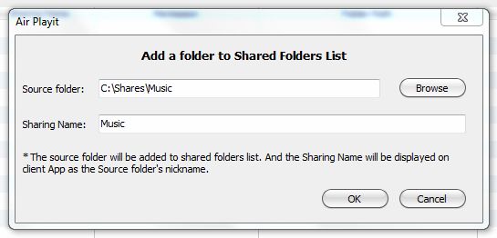 Добавление общей папки в Air Playit Server