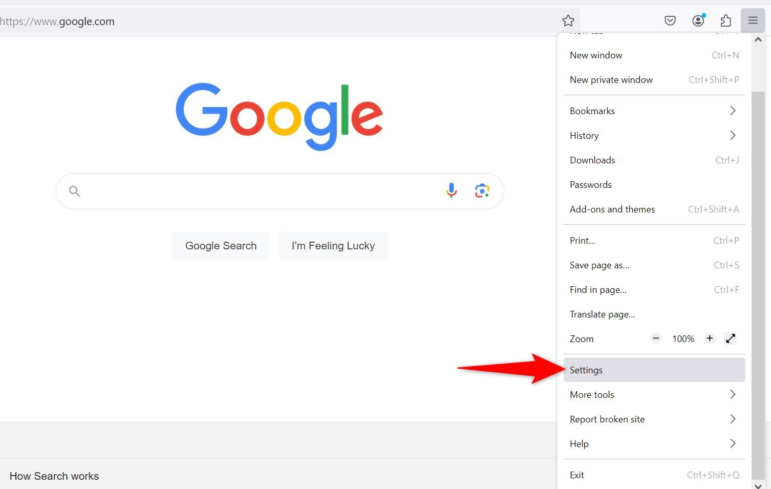 Пункт Settings в меню Firefox