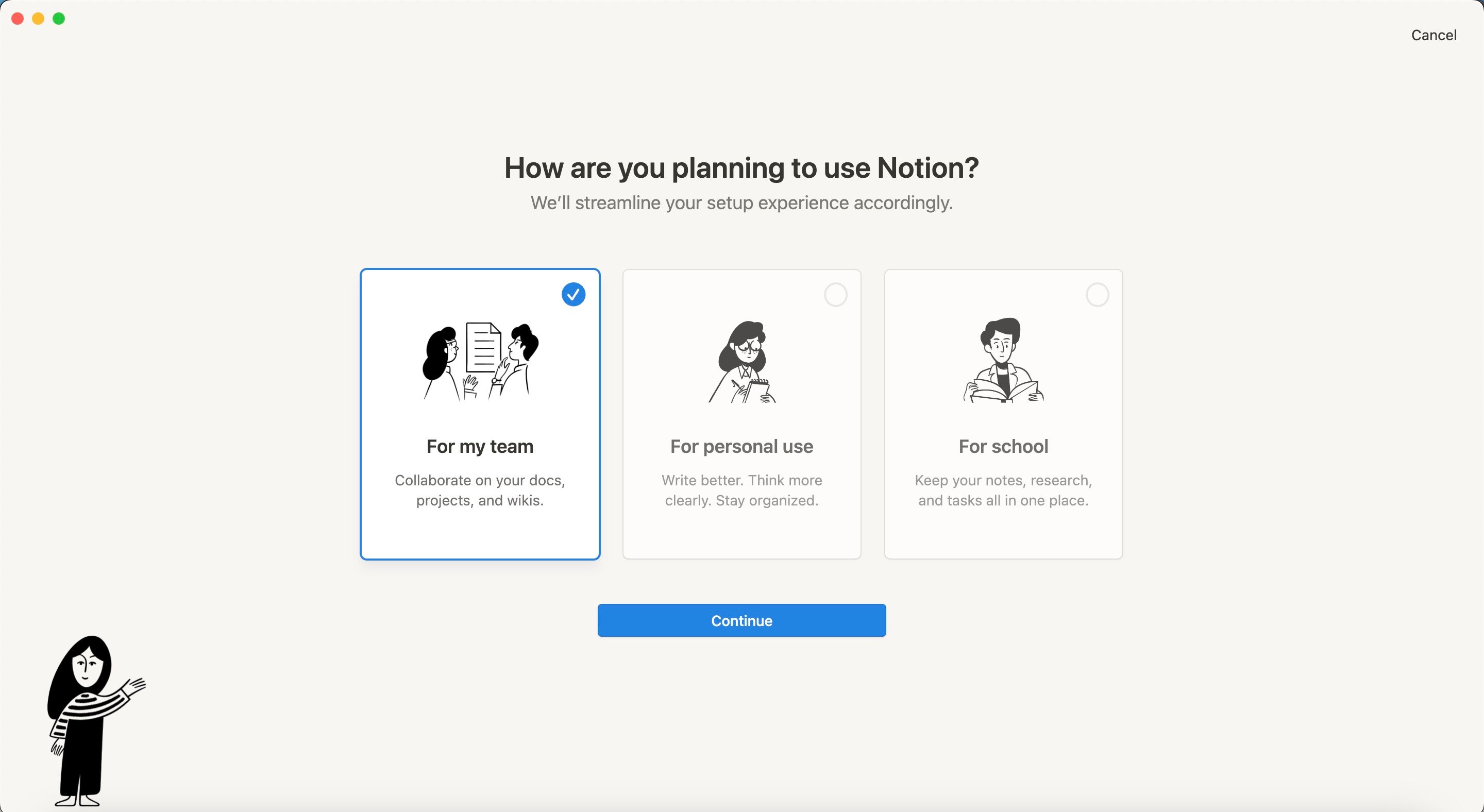 Выбор назначения рабочего пространства в Notion