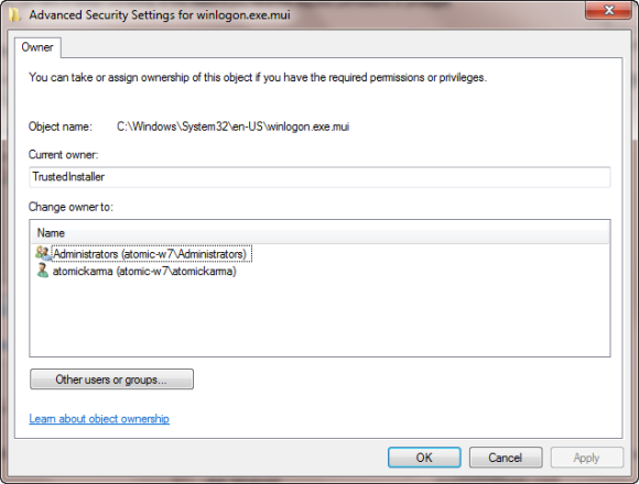 Смена владельца файла winlogon.exe.mui в свойствах Windows 7