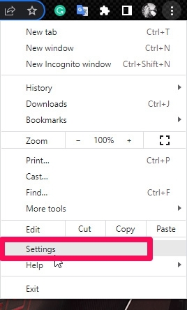 Меню настроек Google Chrome — пункт Settings