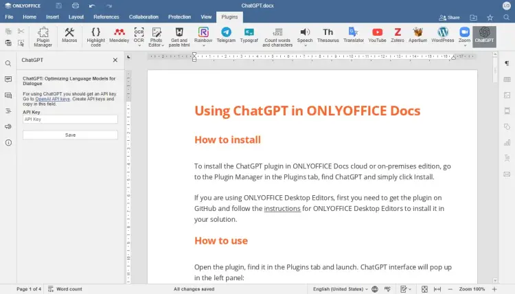 Поле ввода API-ключа ChatGPT в настройках плагина