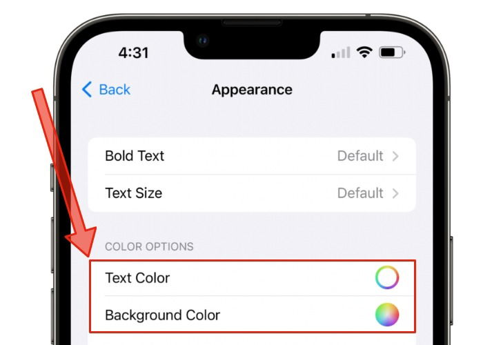 Меню выбора цвета текста