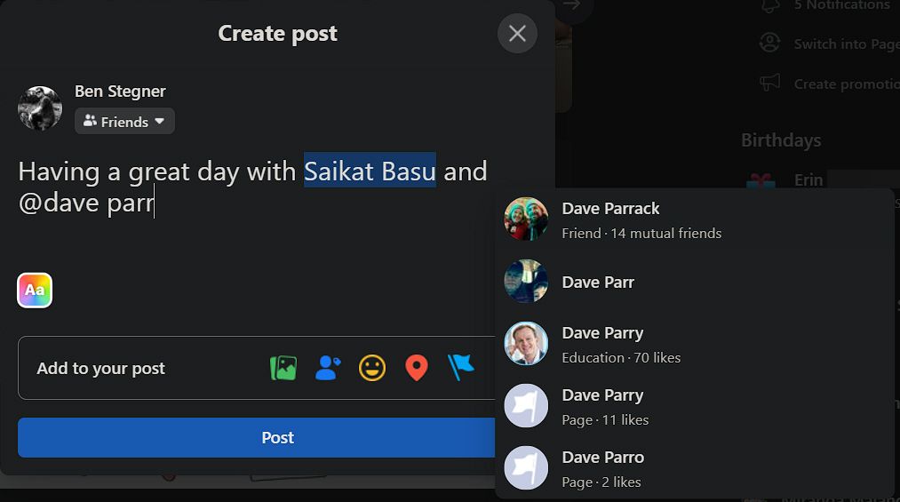 Отметка в обновлении статуса Facebook