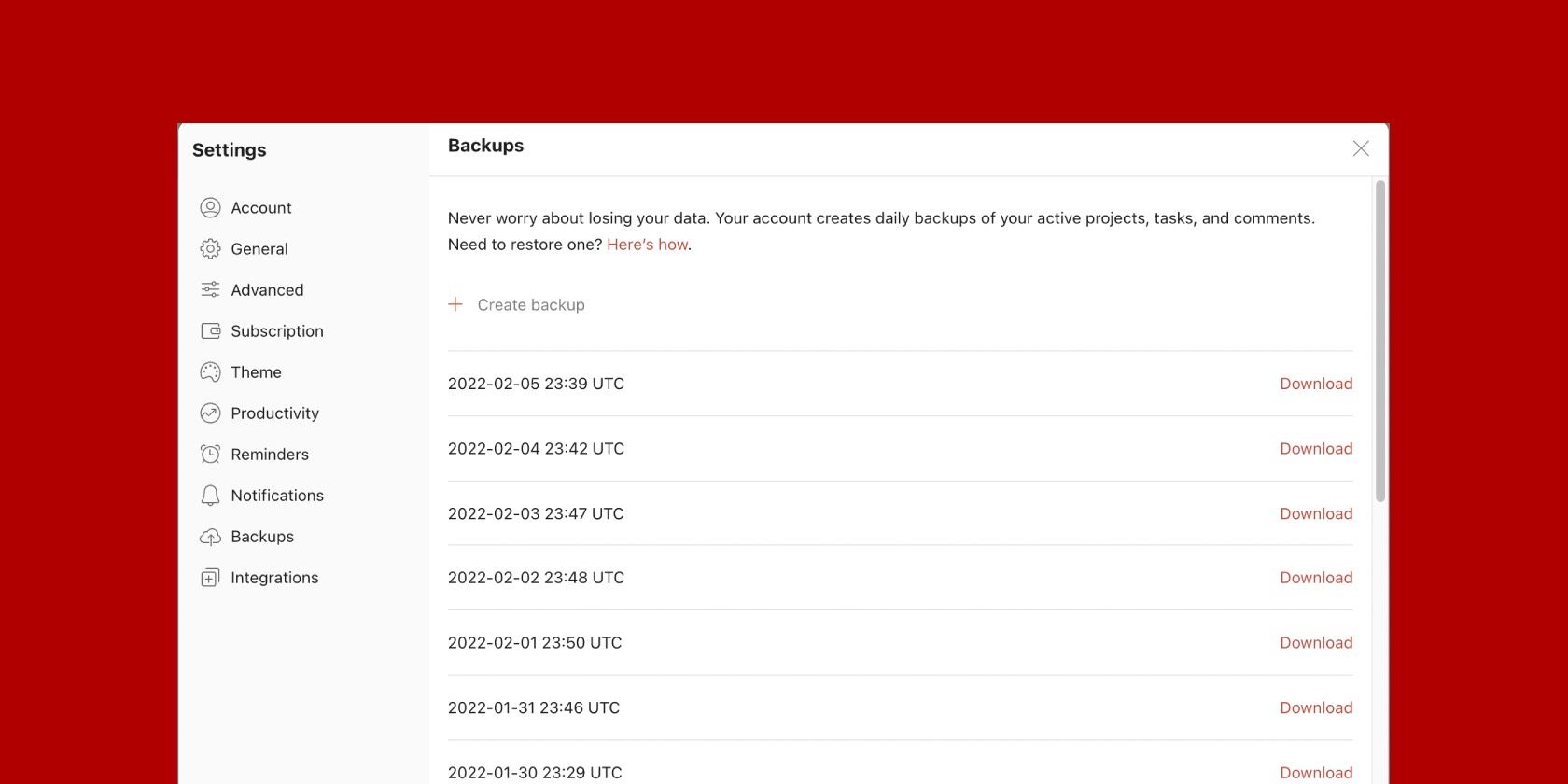 Резервные копии Todoist: скачать и восстановить