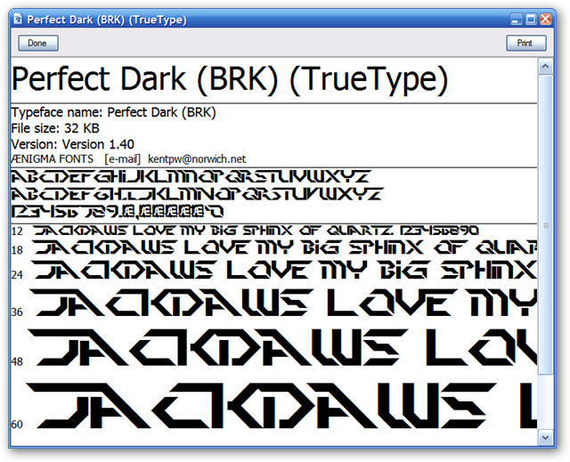 Просмотр шрифта в Windows XP с дополнительной информацией