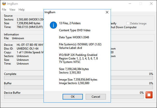 The ImgBurn summary displayed before you burn the disk. Click 