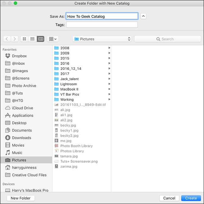 Выбор расположения и имени для нового каталога в Lightroom