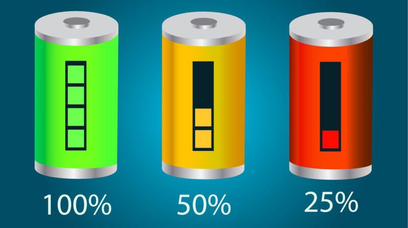 Drei Batterien mit unterschiedlichen Ladezuständen in Prozent