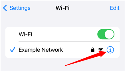 Нажмите значок i, чтобы перейти к деталям сети. 
