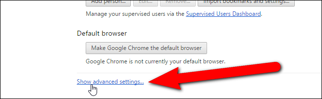 Кнопка «Показать дополнительные настройки» в Chrome