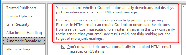 Предупреждение Outlook при включении автоматической загрузки изображений
