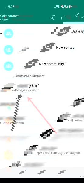 Выбор отправки сообщения самому себе в WhatsApp для Android.