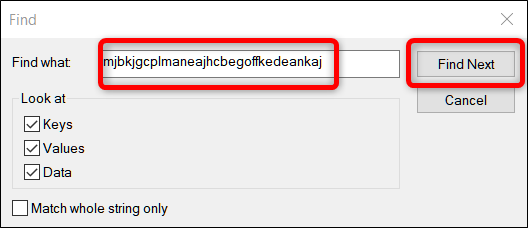 Вставьте ранее скопированный ID и нажмите Найти далее