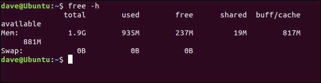 Вывод команды free -h в терминале