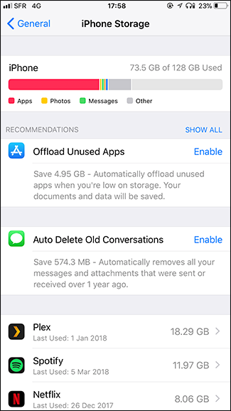 Список приложений и использованное ими пространство в настройках