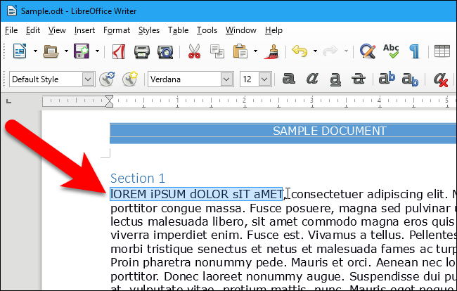 Выделение текста в документе Writer