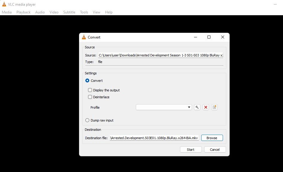 Запуск конвертации файла в VLC