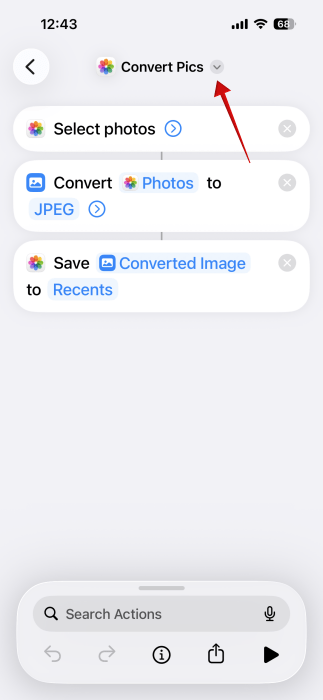 Фото: Экран с опцией добавления ярлыка на главный экран в Shortcuts.