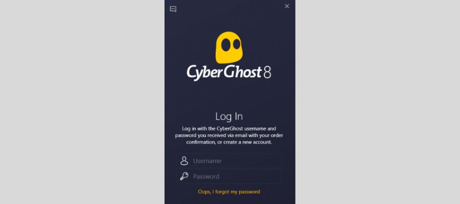 Окно входа CyberGhost с полями для почты и пароля