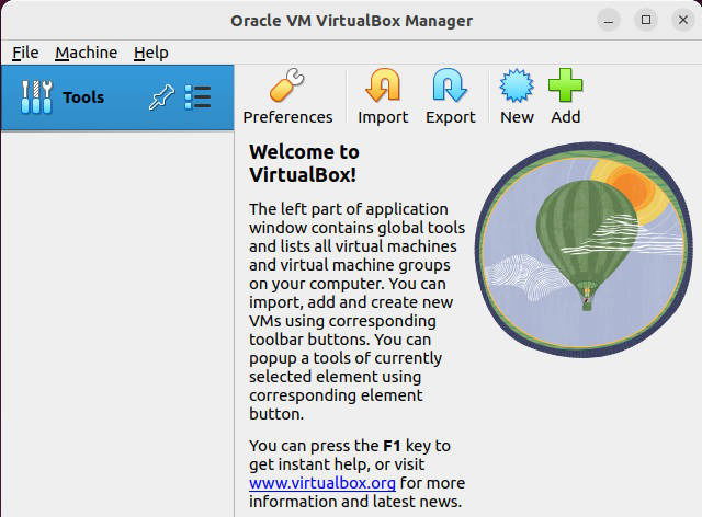 Стартовая страница VirtualBox 7.0 с кнопкой New.
