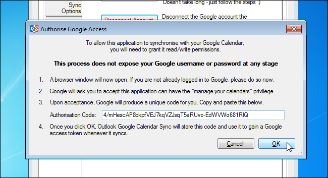 Вставка кода авторизации в окно Authorise Google Access