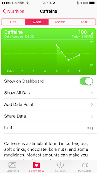 Ввод данных о потреблении кофеина вручную в Health