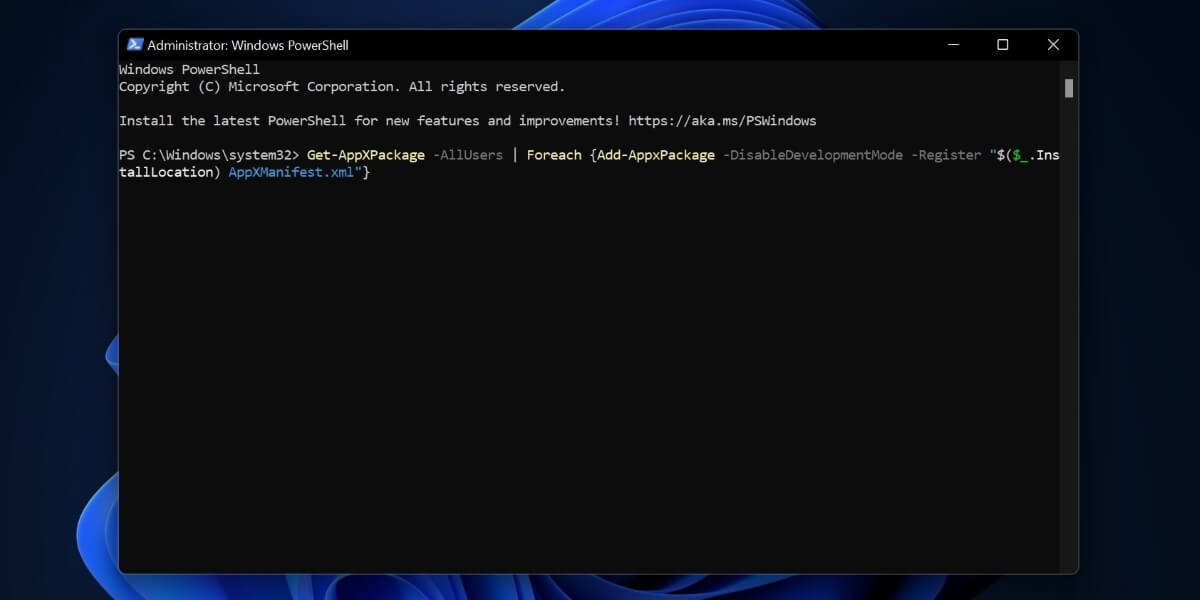 Eseguire il comando in PowerShell per re-registrare le app