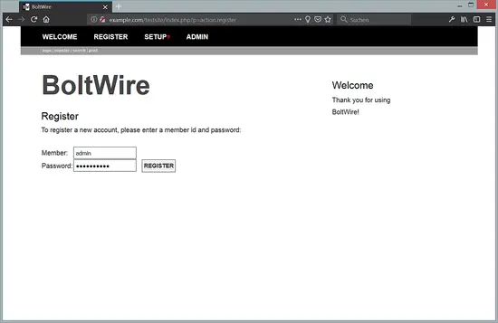 Pantalla de registro para acceder al administrador de BoltWire