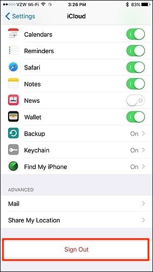 Кнопка выхода из iCloud в настройках iOS