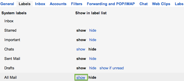 Настройки ярлыков Gmail: показать метку Вся почта