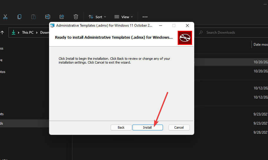 Кнопка Install для установки шаблонов ADMX