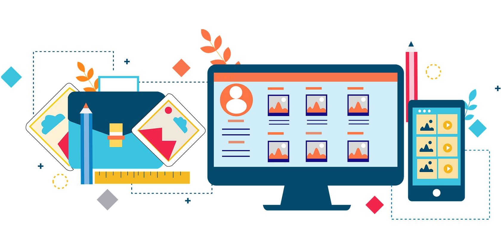 Изображение портфолио на мониторе компьютера с папкой и инструментами