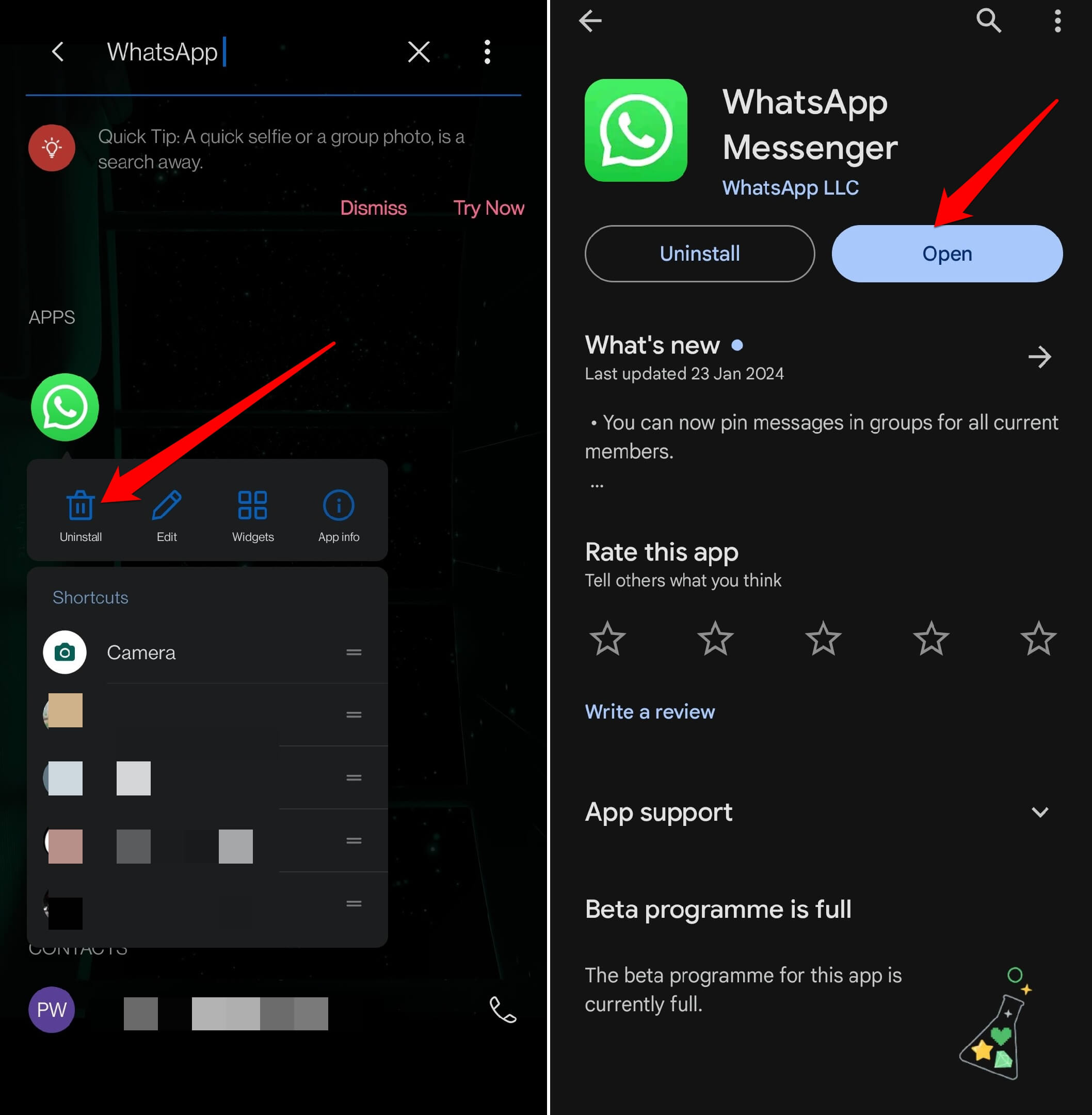 Процесс удаления и установки WhatsApp на Android через Play Store